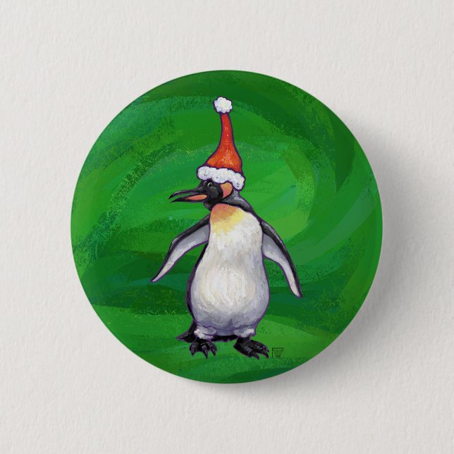 Cute Penguin in Santa Hat on Green 6 Cm Round Badge (Front)