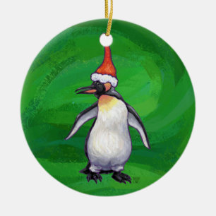 Cute Penguin in Santa Hat on Green Ceramic Tree Decoration