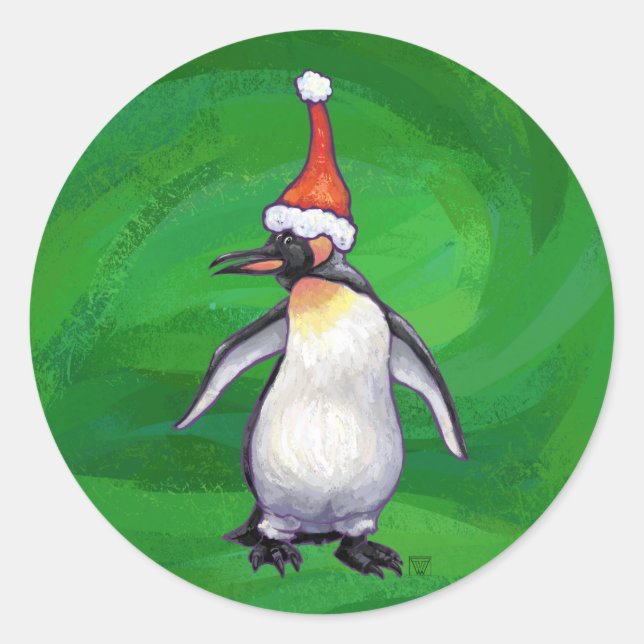 Cute Penguin in Santa Hat on Green Classic Round Sticker (Front)