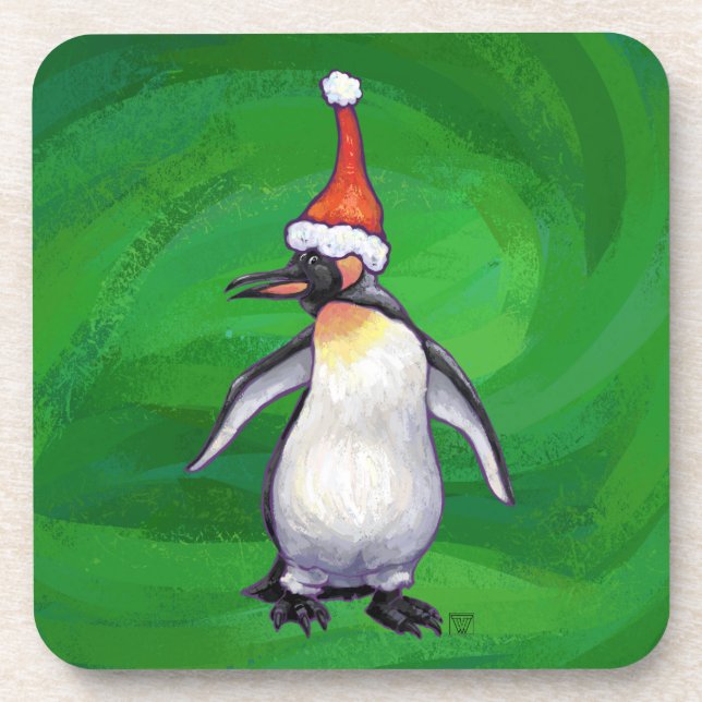 Cute Penguin in Santa Hat on Green Coaster (Front)