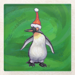 Cute Penguin in Santa Hat on Green Glass Coaster