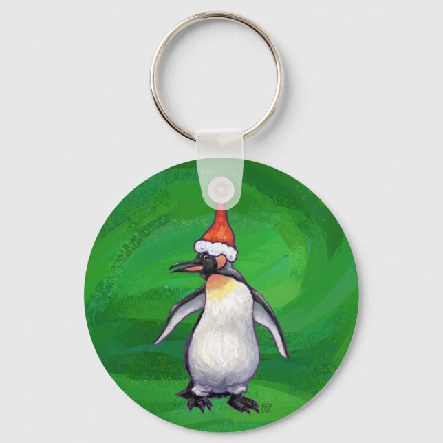 Cute Penguin in Santa Hat on Green Key Ring (Front)