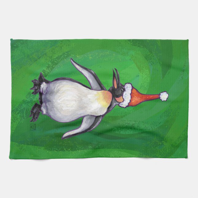 Cute Penguin in Santa Hat on Green Tea Towel (Horizontal)