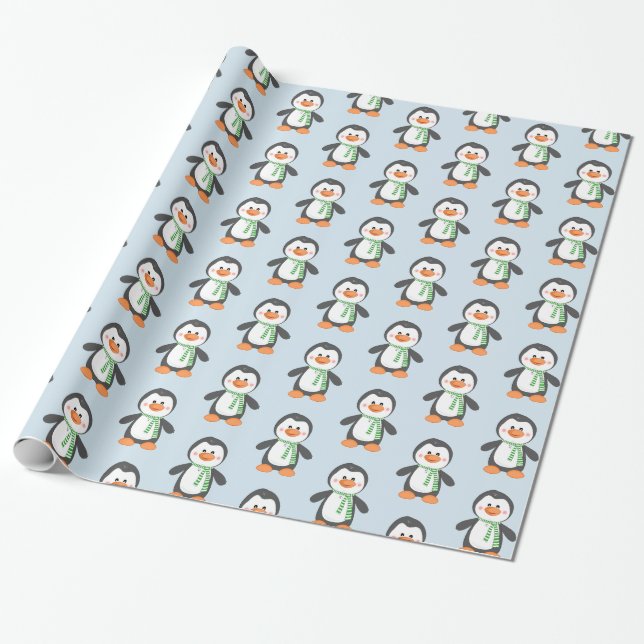 Cute Penguin in Scarf Blue and Green Gift Wrap (Unrolled)