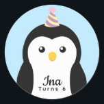 Cute Penguin Kids Birthday Classic Round Sticker<br><div class="desc">Celebrate your kid's special day Cute Penguin Kids Birthday design. This design features a cute Penguin in a party hat. You can customise this further by clicking on the "PERSONALIZE" button.  Matching Items in our shop for a complete party theme.</div>