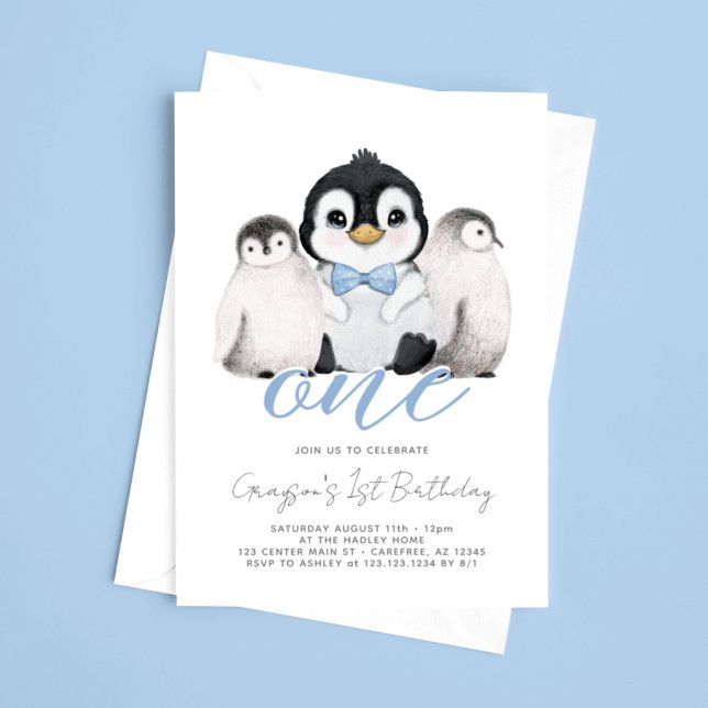 Cute Penguin Kids First 1st Birthday Invitation (Creator Uploaded)