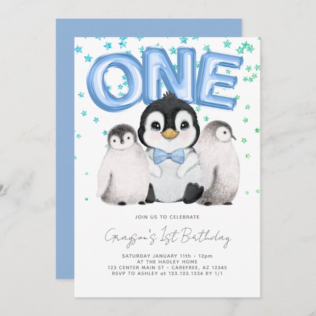 Cute Penguin Kids First 1st Birthday Invitation (Front/Back)