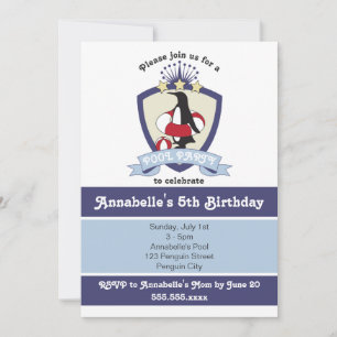Cute Penguin Kids Pool Birthday Party Invitations