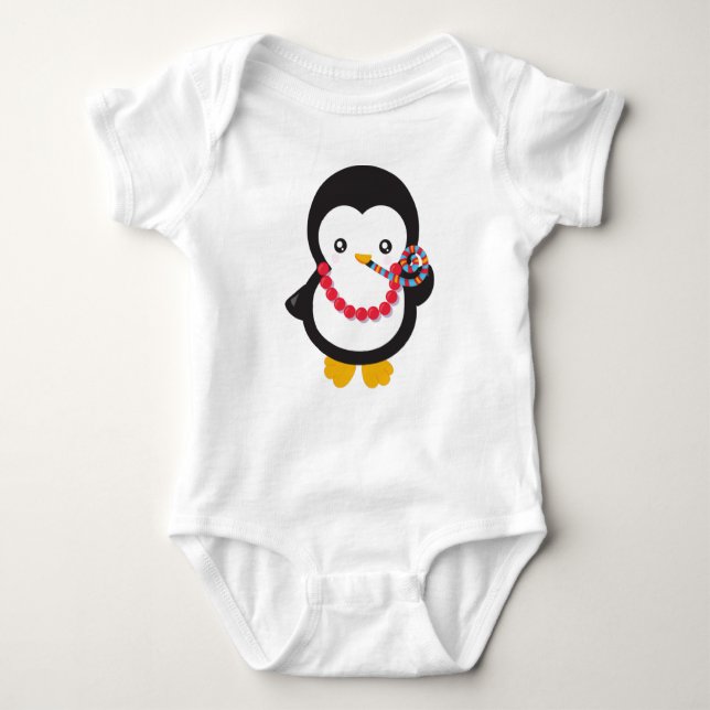 Cute Penguin, Little Penguin, Party Whistle Baby Bodysuit (Front)