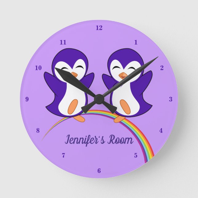 Cute Penguin Lover Purple Personalised Kids Round Clock (Front)