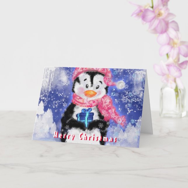 Cute Penguin Merry Christmas Card (Orchid)