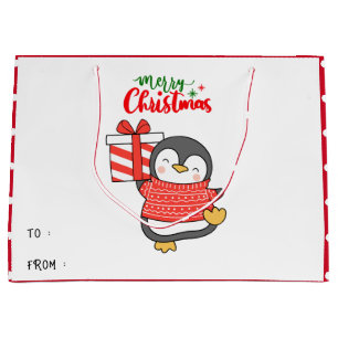 Cute Penguin Merry Christmas Large Gift Bag