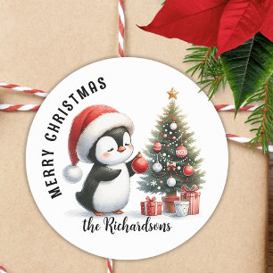 Cute Penguin Modern Personalised Merry Christmas Classic Round Sticker