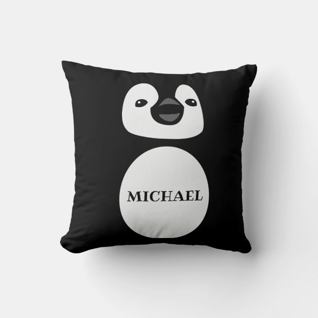 Cute Penguin Monogram Name in Black and white Cushion (Front)