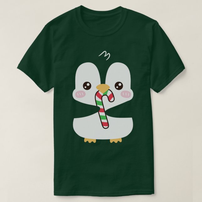 Cute Penguin Munching On Candy Cane T-Shirt (Design Front)