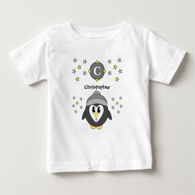 Cute penguin name stars yellow grey baby T-Shirt (Front)