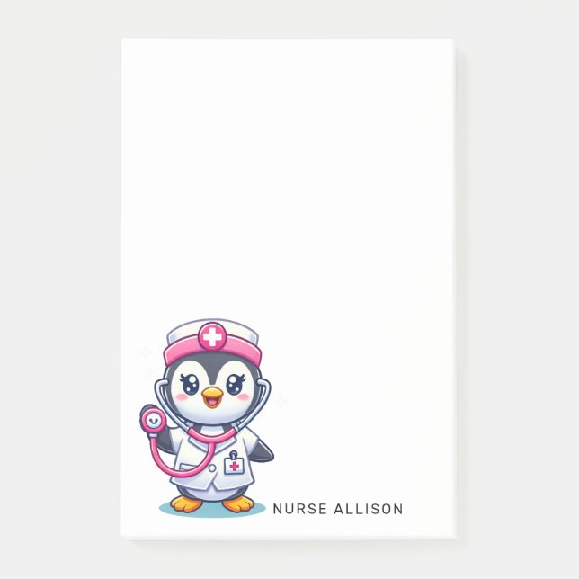 Cute Penguin Nurse Pink Stethoscope Custom 4x6 Post-it Notes (Front)