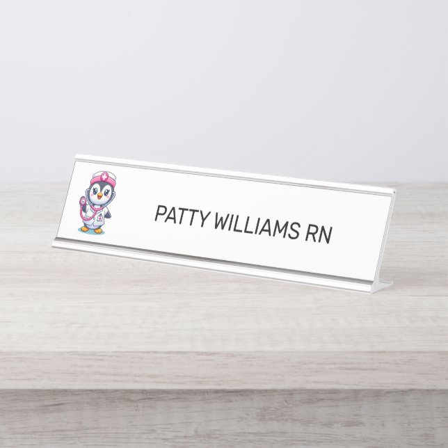 Cute Penguin Nurse Pink Stethoscope Custom Desk Name Plate (Front)