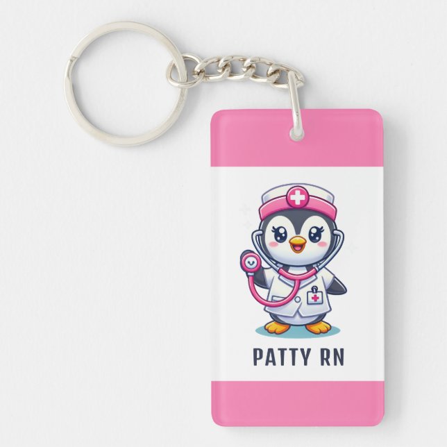 Cute Penguin Nurse Pink Stethoscope Custom Key Ring (Front)