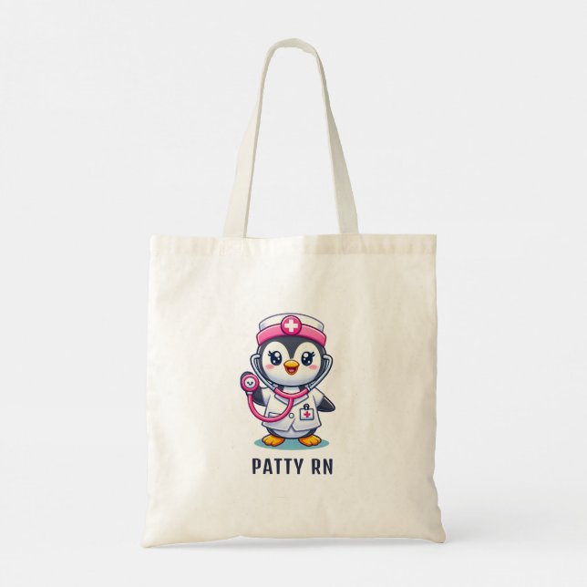Cute Penguin Nurse Pink Stethoscope Custom Tote Bag (Back)