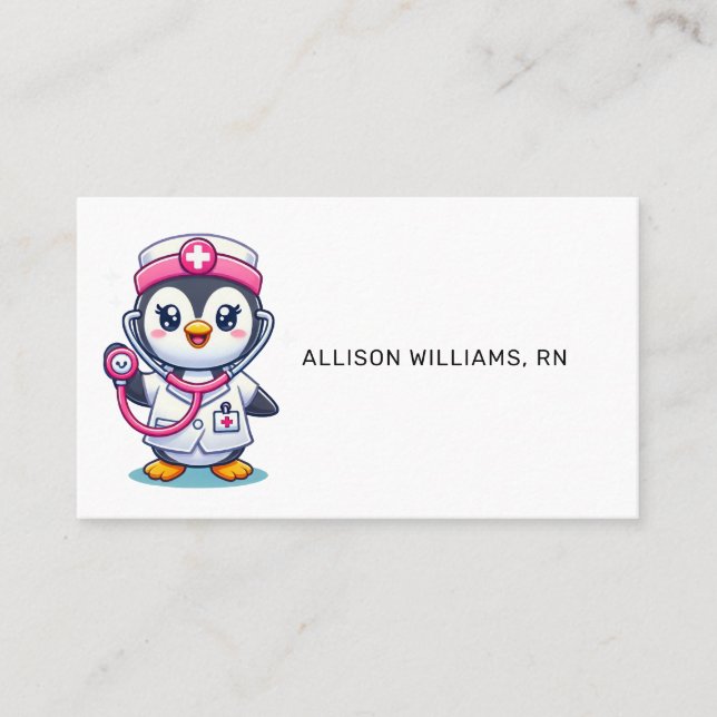 Cute Penguin Nurse Pink Stethoscope Professional Business Card (Front)
