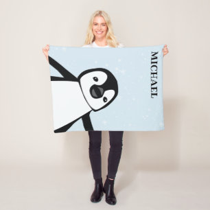 Cute  Penguin Nursery Black and white Name Fleece Blanket