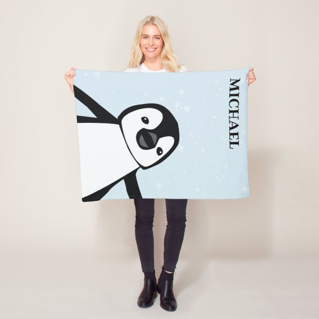 Cute  Penguin Nursery Black and white Name Fleece Blanket (In Situ)