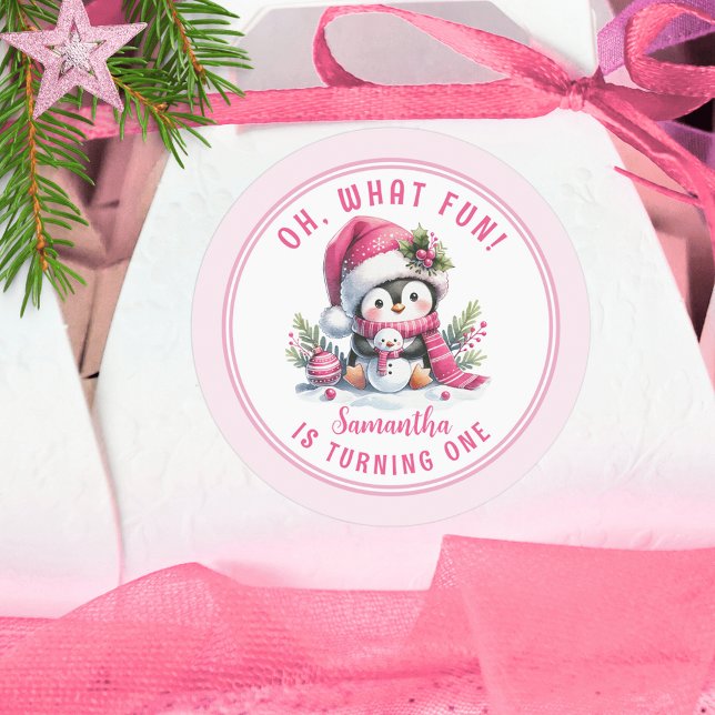 Cute Penguin Oh What Fun Winter Girl 1st Birthday Classic Round Sticker (Creator Uploaded)