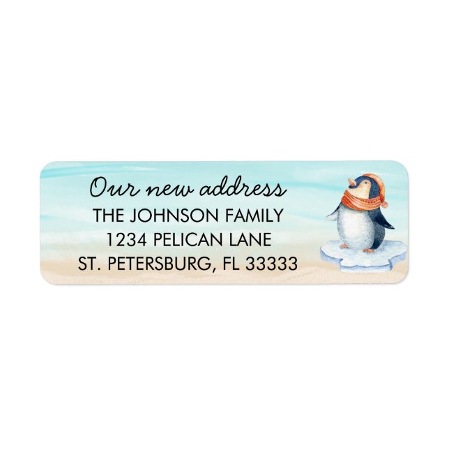 Cute Penguin on Beach Family Moved Return Address Label (Front)