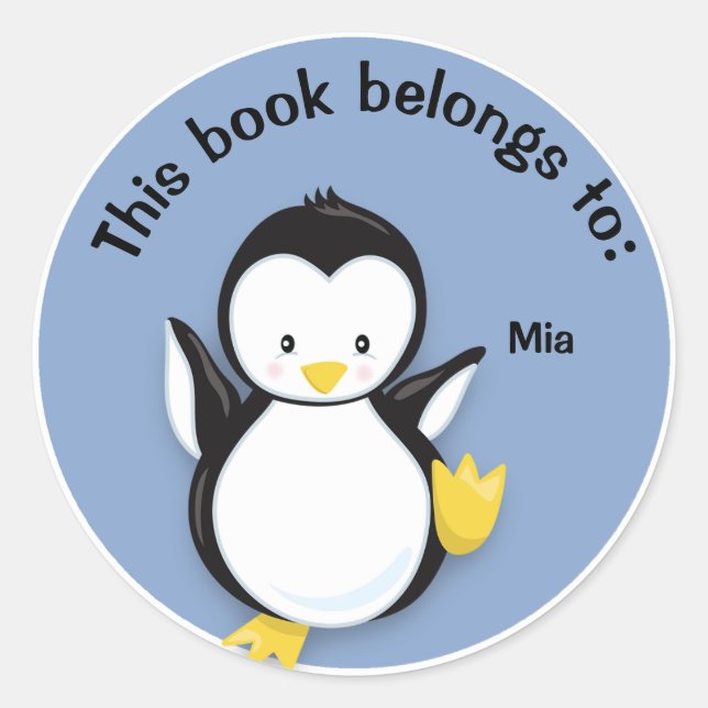 Cute Penguin on Blue Book Name Plate Sticker (Front)