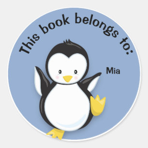 Cute Penguin on Blue Book Name Plate Sticker