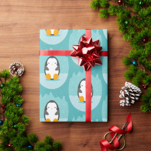 Cute Penguin on Blue Winter Cartoon Pattern Wrapping Paper