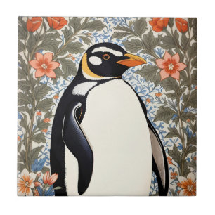 Cute Penguin On Colorful Elegant Floral Background Ceramic Tile