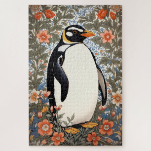 Cute Penguin On Colorful Elegant Floral Background Jigsaw Puzzle