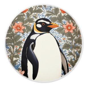 Cute Penguin On Colourful Elegant Floral Backgroun Ceramic Knob