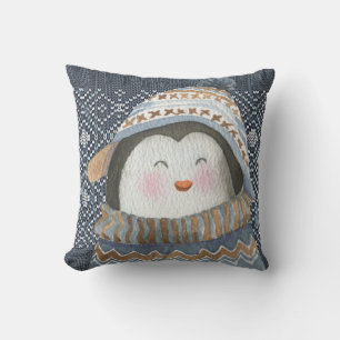 Cute Penguin on Cosy Winter Knit Pattern  Cushion