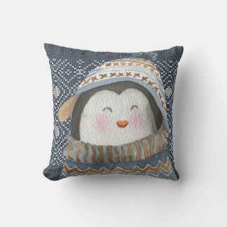 Cute Penguin on Cosy Winter Knit Pattern  Cushion