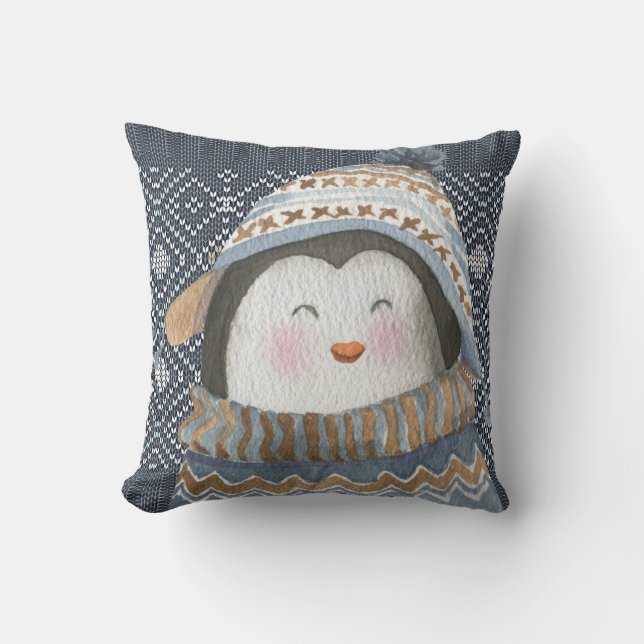 Cute Penguin on Cosy Winter Knit Pattern  Cushion (Front)