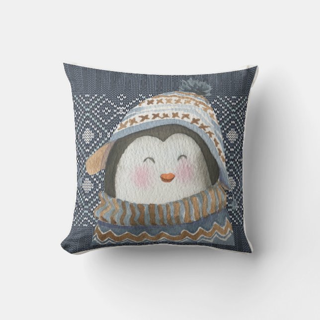 Cute Penguin on Cosy Winter Knit Pattern  Cushion (Front)