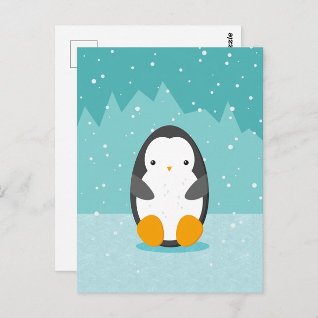 Cute Penguin on ice Blue Winter Cartoon Postcard (Front/Back)
