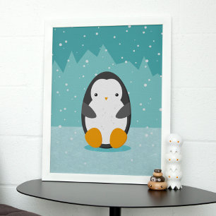Cute Penguin on ice Blue Winter Cartoon Poster