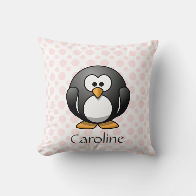 Cute Penguin on Pink Polka Dots, Add Name Cushion (Front)