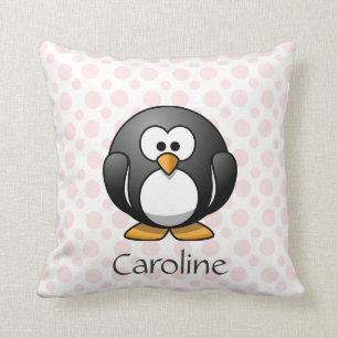 Cute Penguin on Pink Polka Dots, Add Name Cushion
