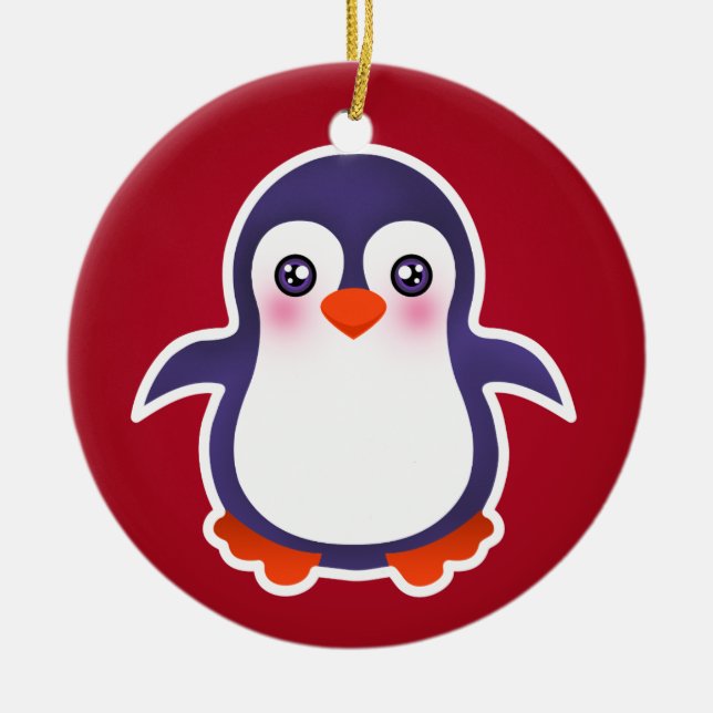 Cute Penguin On Red Background Illustration Ceramic Ornament (Front)