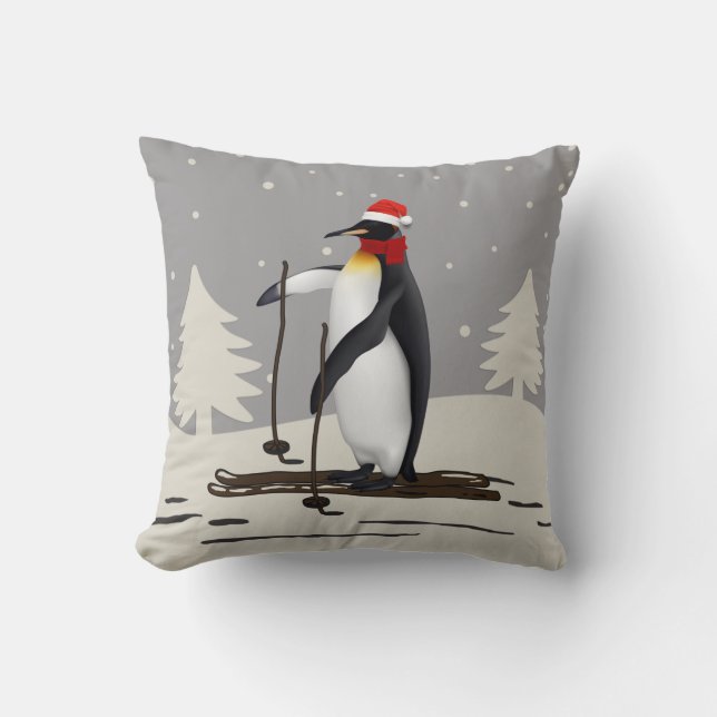 Cute Penguin On Ski Throw Pillow (Front)