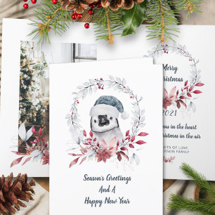 Cute Penguin One Photo Watercolor Merry Christmas Holiday Card