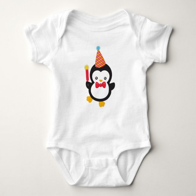 Cute Penguin, Party Hat, Firecracker, Bow Tie Baby Bodysuit (Front)