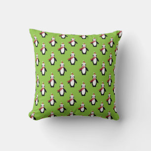 Cute Penguin Pattern on Green Background Cushion