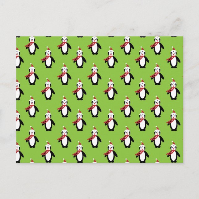 Cute Penguin Pattern on Green Background Postcard (Front)