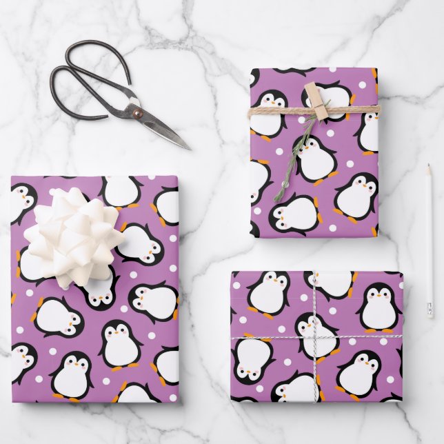 Cute penguin pattern Purple pattern Wrapping Paper Sheet (Front)